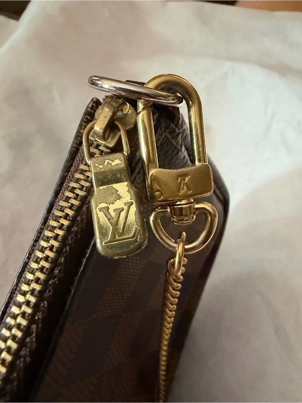 Louis Vuitton Trunks & Bags Damier Ebene Mini Pochette w/LV Branded Chain Strap